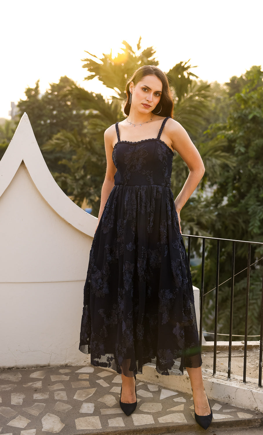 Navy Spaghetti Floral Dress