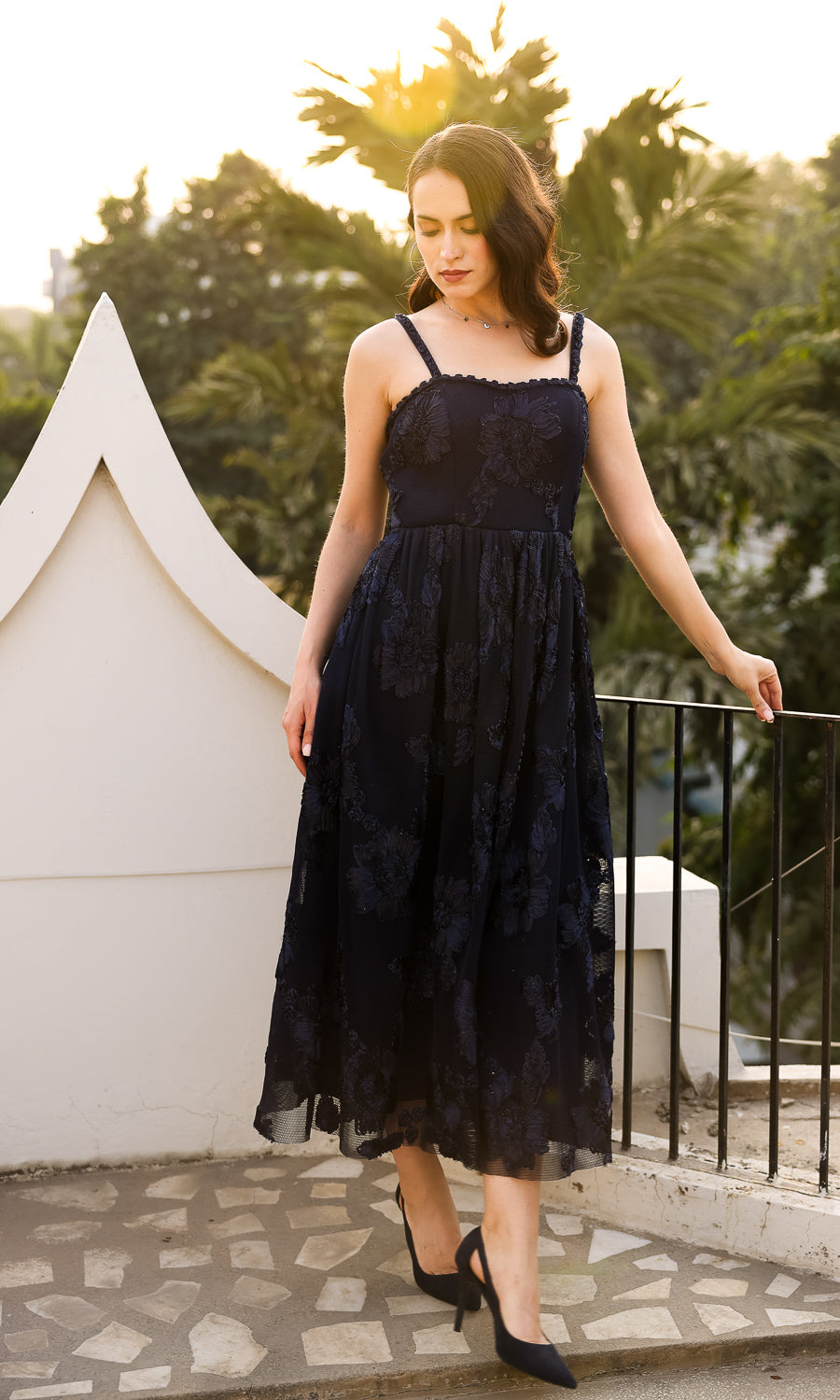 Navy Spaghetti Floral Dress