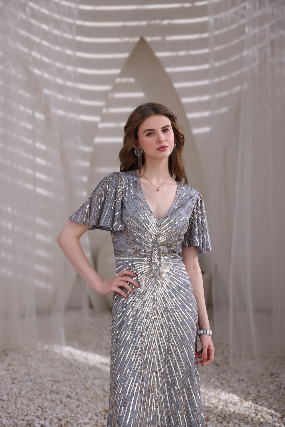 Silver Hand-Beaded Gown