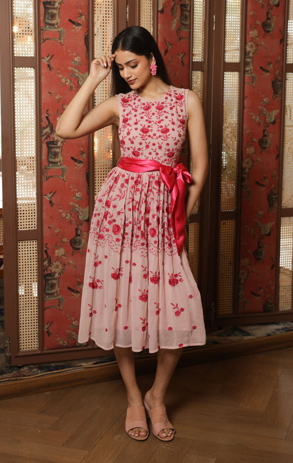 Blush Pink Dress with Pink Floral Embroidery