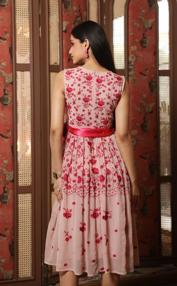 Blush Pink Dress with Pink Floral Embroidery