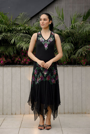 Black Floral Asymmetric Dress