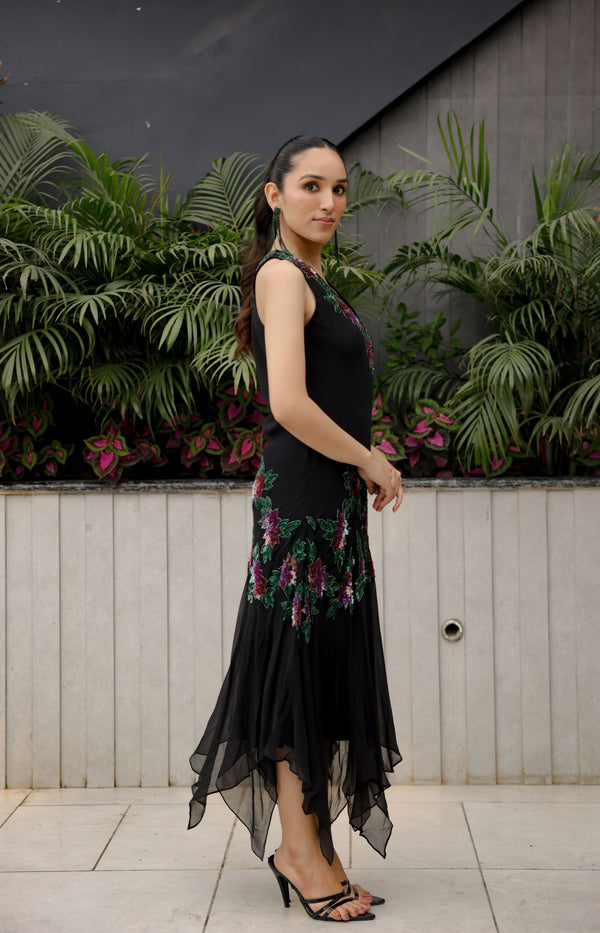 Black Floral Asymmetric Dress