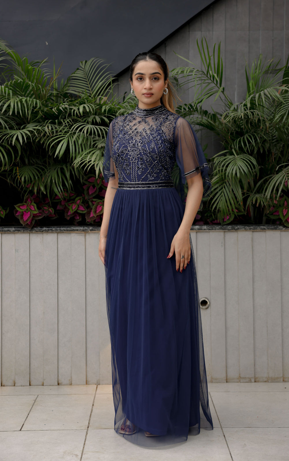 Navy Sheer Overlay Gown