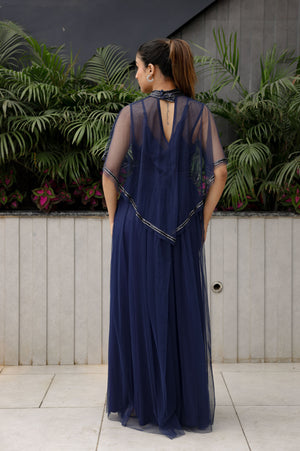 Navy Sheer Overlay Gown
