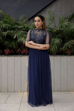 Navy Sheer Overlay Gown