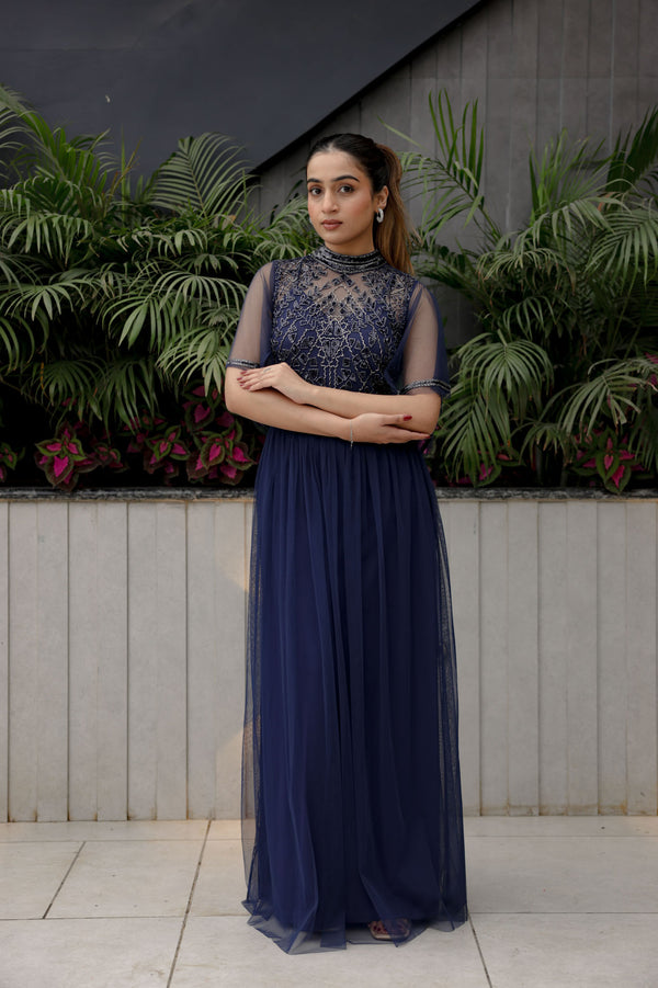 Navy Sheer Overlay Gown