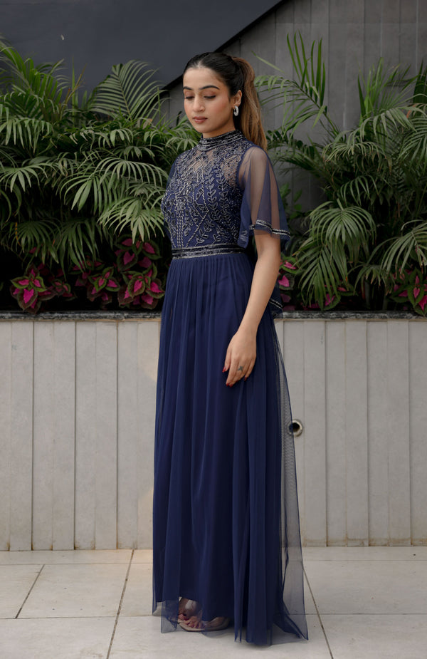 Navy Sheer Overlay Gown