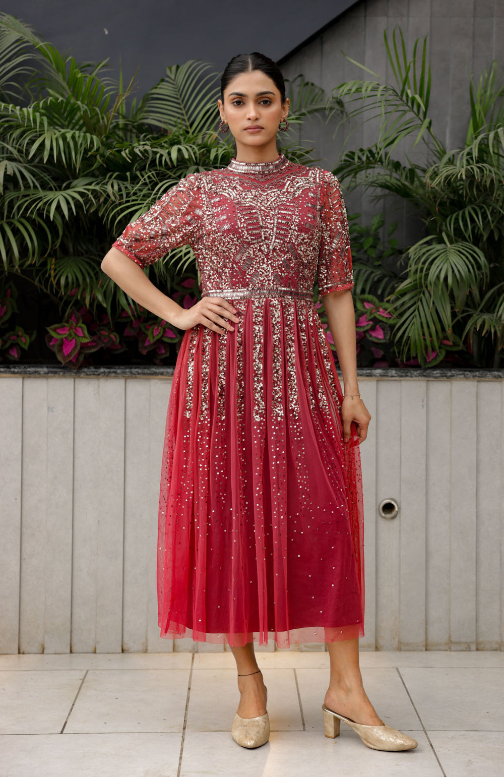 Red Embellished Midi