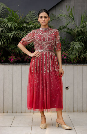 Red Embellished Midi