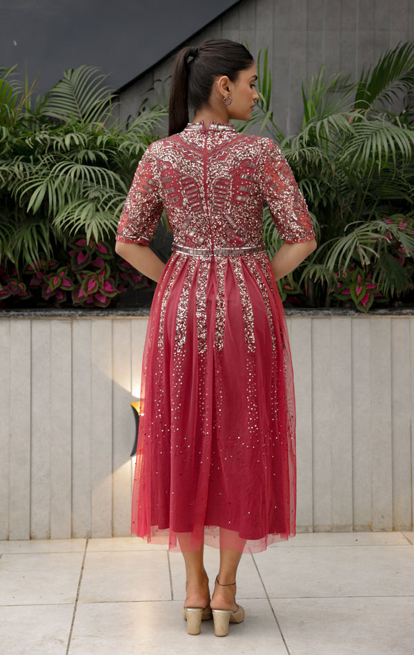 Red Embellished Midi