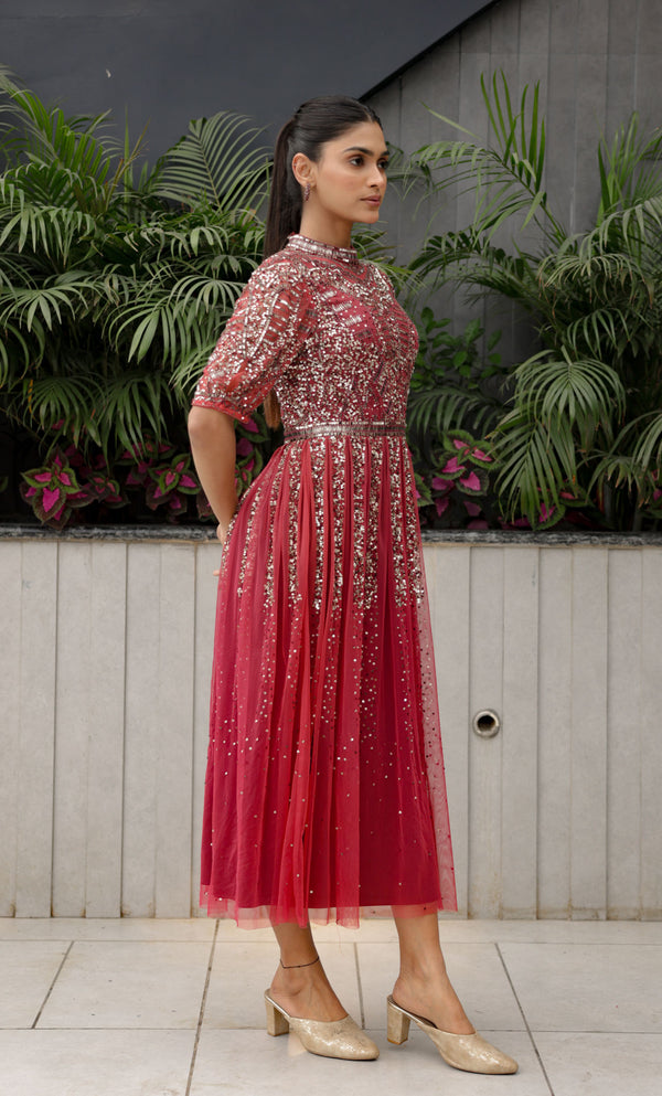 Red Embellished Midi
