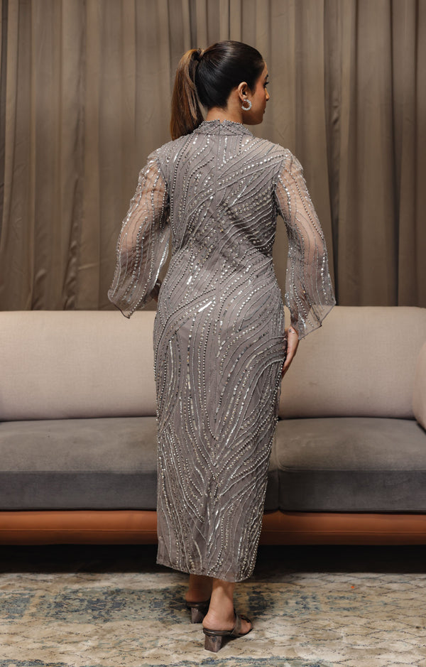 Soft Taupe Grey Beaded Midi