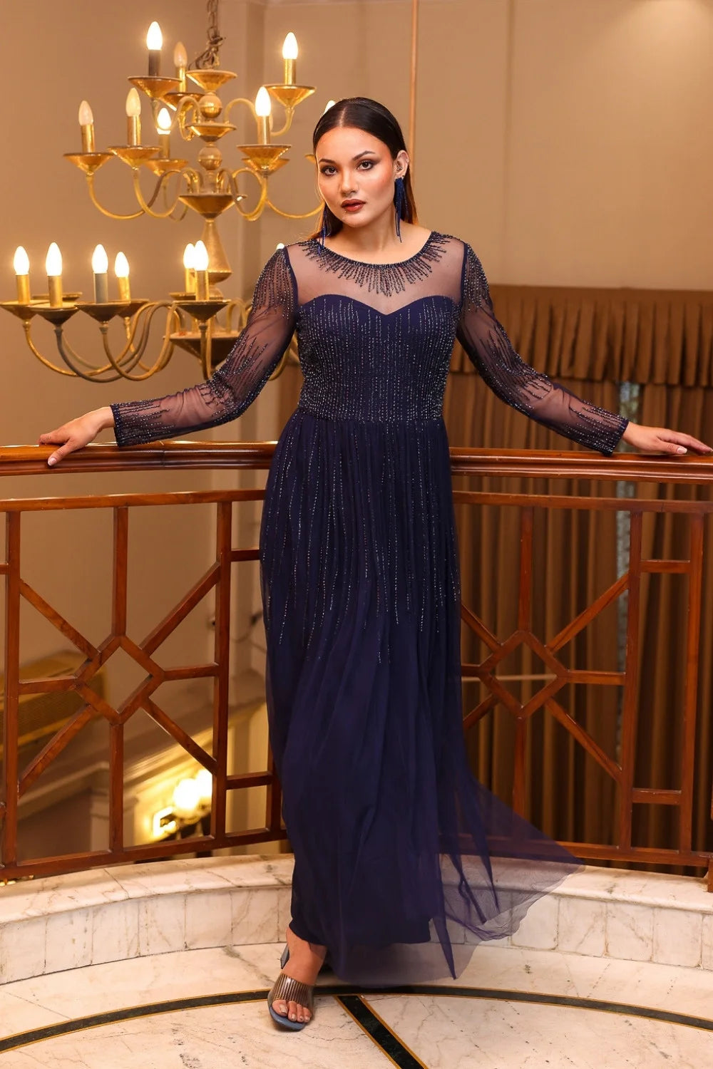 Navy Sheer-Yoke Gown
