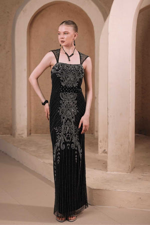 Edition Two black beaded evening gown with baroque detailing – front view on model, luxury designer gown India