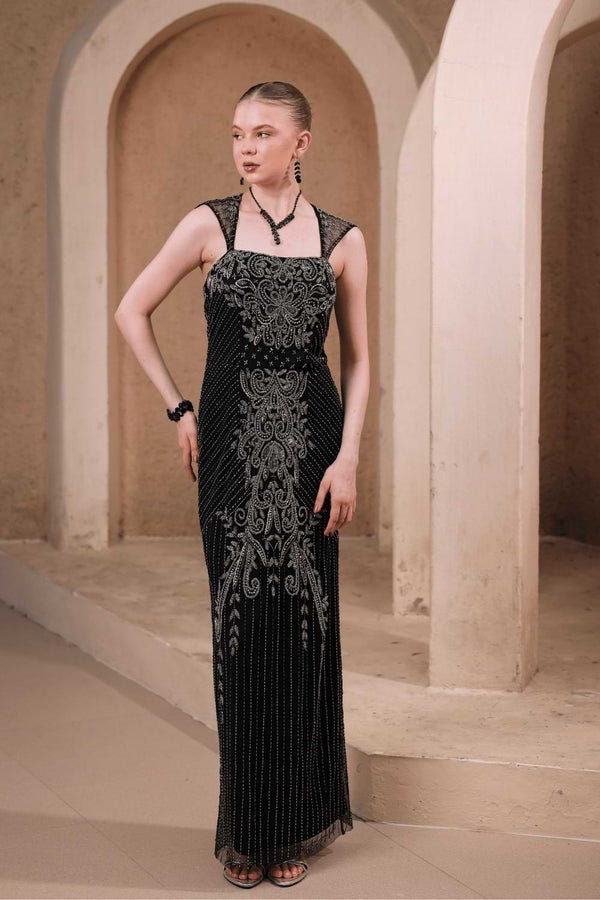 Edition Two black beaded evening gown with baroque detailing – front view on model, luxury designer gown India