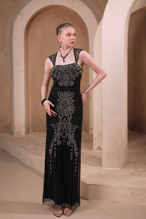 Full view of Edition Two black beaded evening gown with baroque detailing 