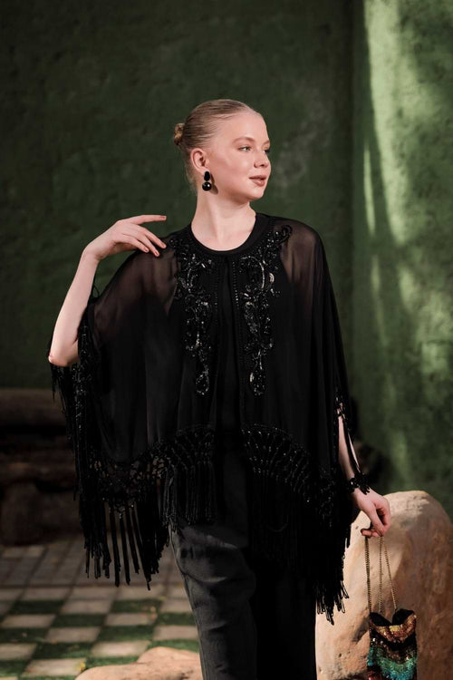 Edition Two black beaded fringe cape – front view on model, evening layer for women’s designer wear India