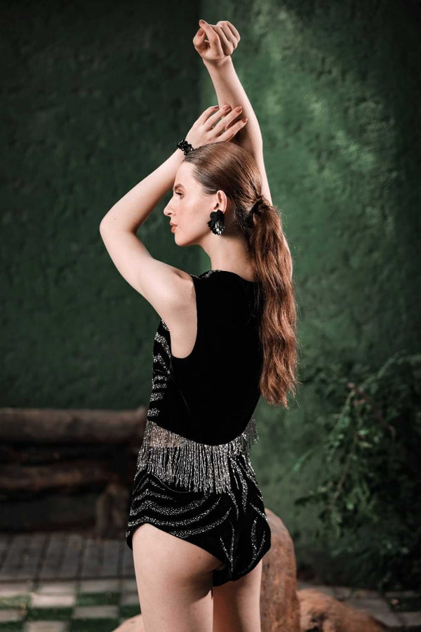 Side look of silver fringe detailing on Edition Two black co-ord set – premium finishing and texture