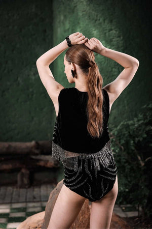 Back view of Edition Two black & silver fringe co-ord set – structured blazer and fringe hem trousers