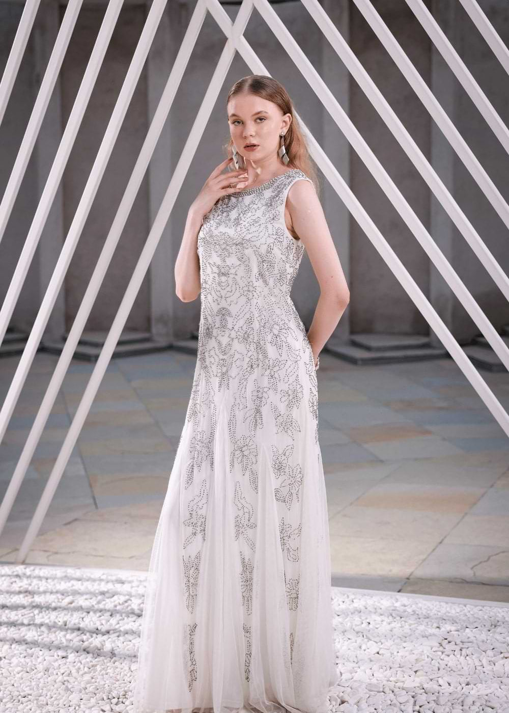 Edition Two ivory embellished floor-length gown – front view on model, luxury evening wear for women in India