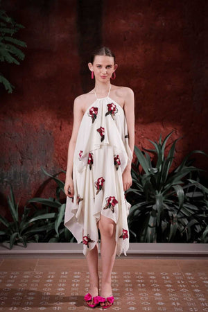 Edition Two ivory halter dress with hand-embroidered florals – front view on model, luxury evening wear for women in India