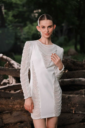 Edition Two ivory pearl embellished mini dress – front view on model, premium designer women’s party wear India