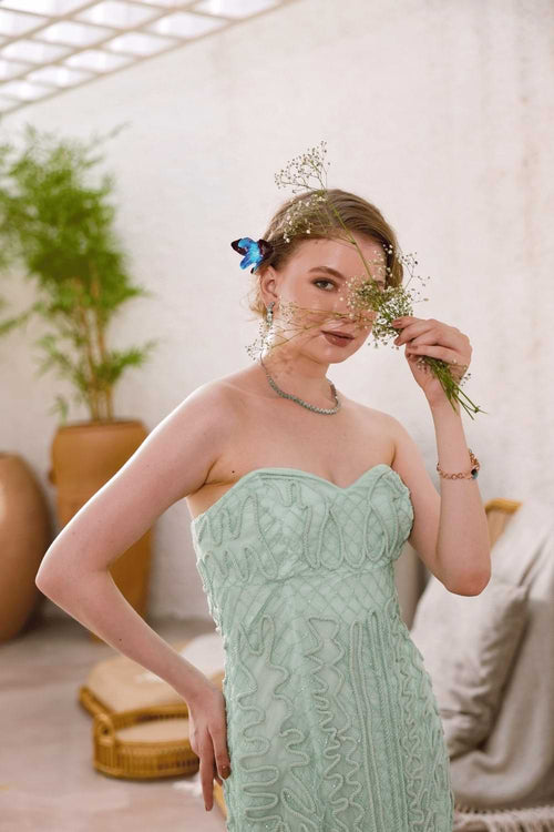 Mint Hand-Beaded Strapless Dress