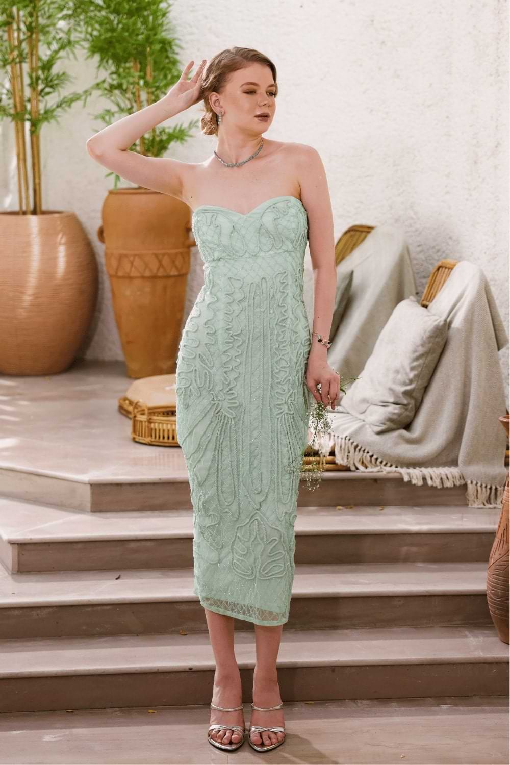 Mint Hand-Beaded Strapless Dress
