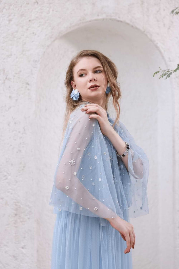 Powder Blue Hand-Beaded Dress with Sheer Cape