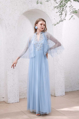 Powder Blue Hand-Beaded Dress with Sheer Cape