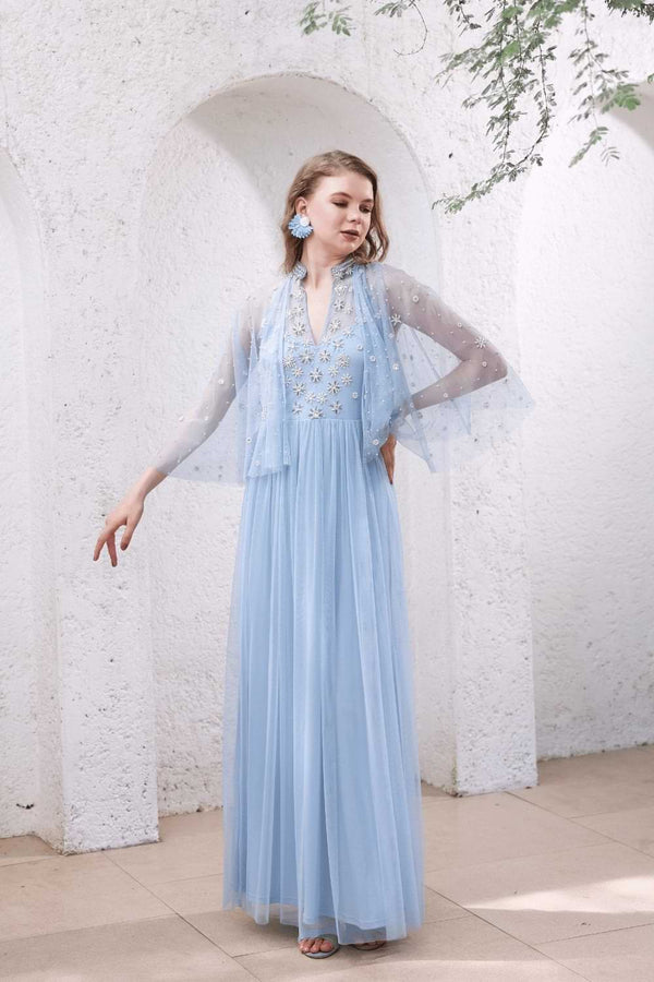Powder Blue Hand-Beaded Dress with Sheer Cape