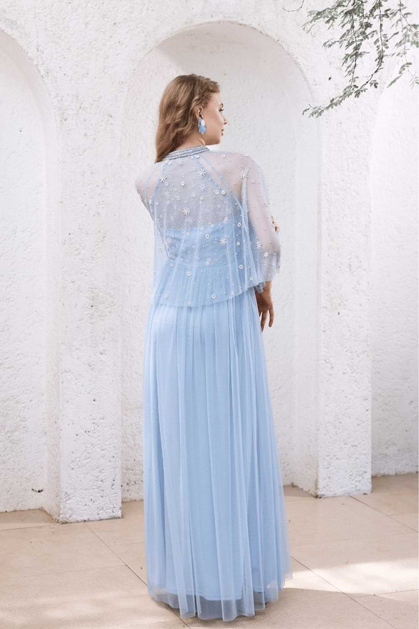 Powder Blue Hand-Beaded Dress with Sheer Cape