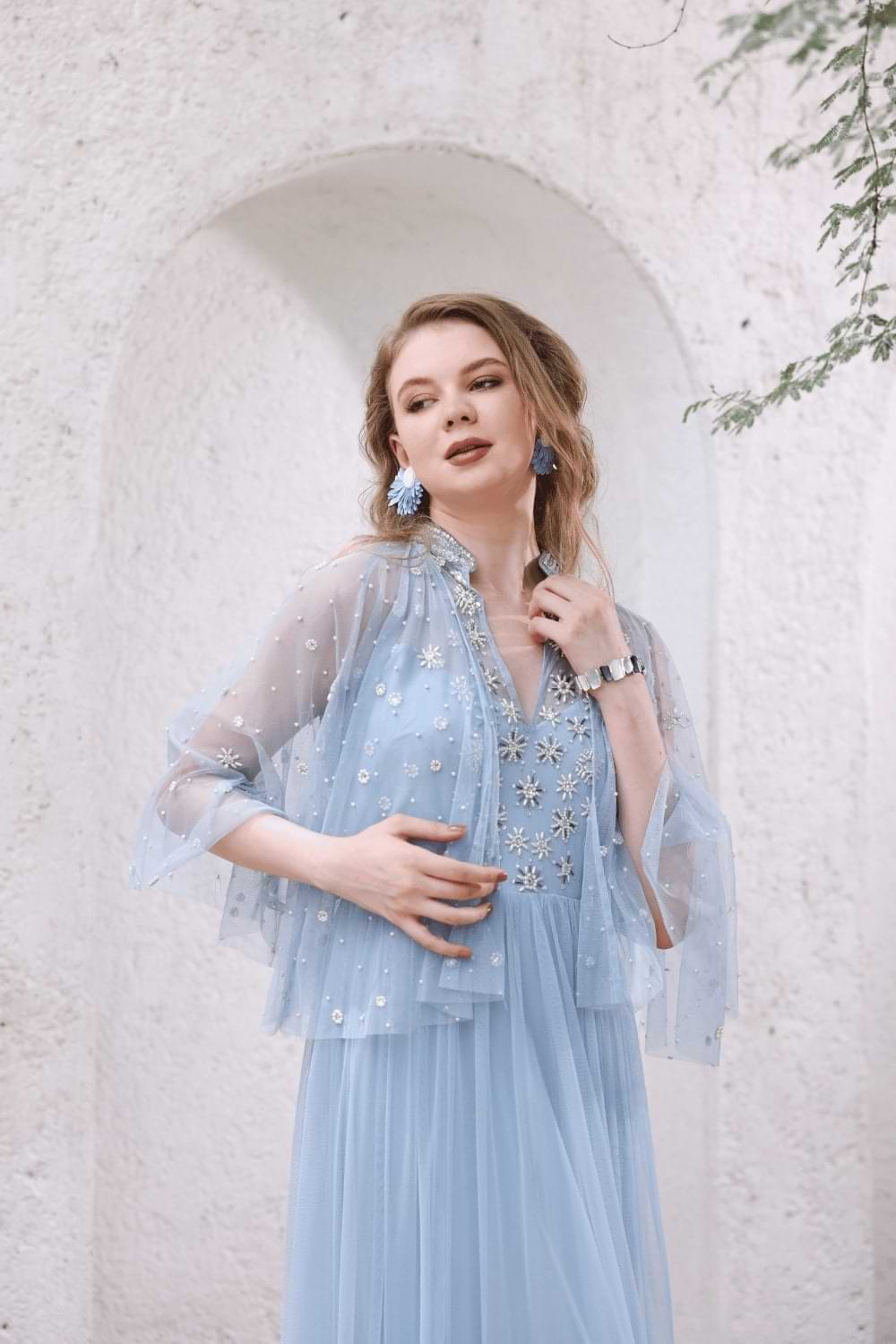 Powder Blue Hand-Beaded Dress with Sheer Cape