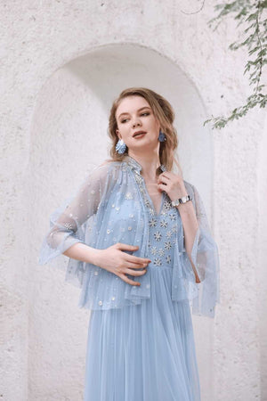 Powder Blue Hand-Beaded Dress with Sheer Cape