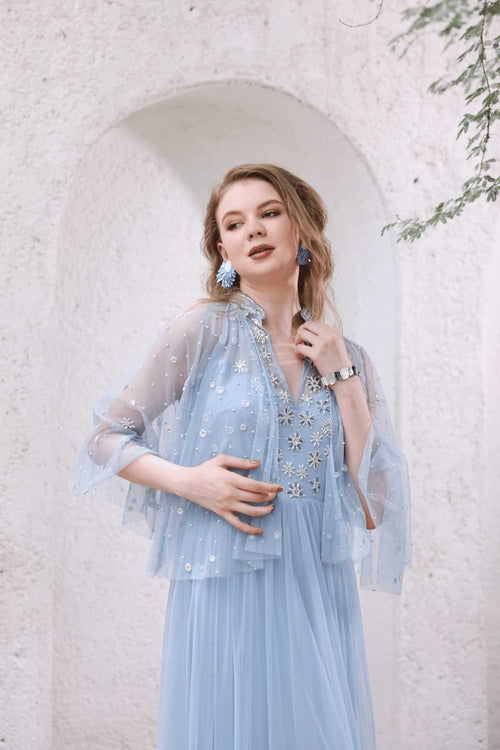 Powder Blue Hand-Beaded Dress with Sheer Cape
