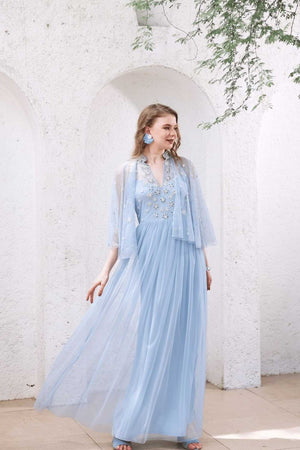Powder Blue Hand-Beaded Dress with Sheer Cape