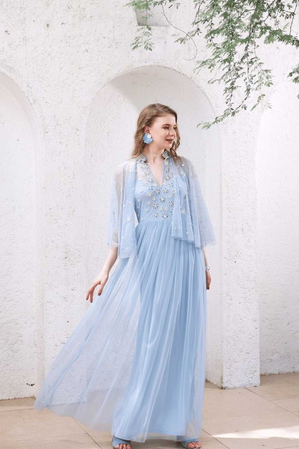 Powder Blue Hand-Beaded Dress with Sheer Cape