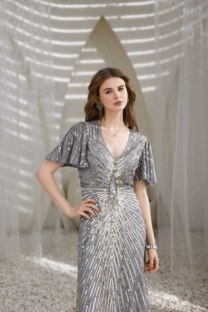 Close-up of hand-beaded sequins and bugle beads on Edition Two silver gown – premium craftsmanship