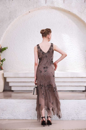 Taupe Hand-Beaded Dress