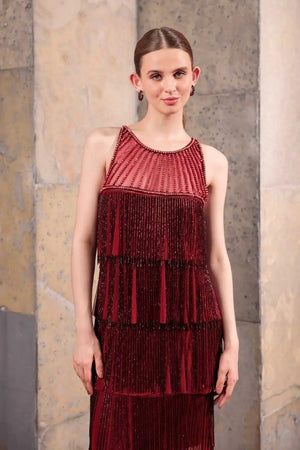 Wine Hand-Beaded Fringe Dress