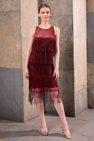 Wine Hand-Beaded Fringe Dress