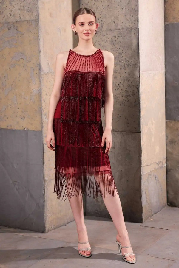 Wine Hand-Beaded Fringe Dress