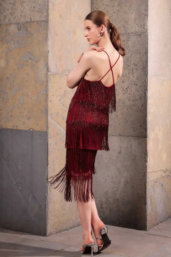 Wine Hand-Beaded Fringe Dress