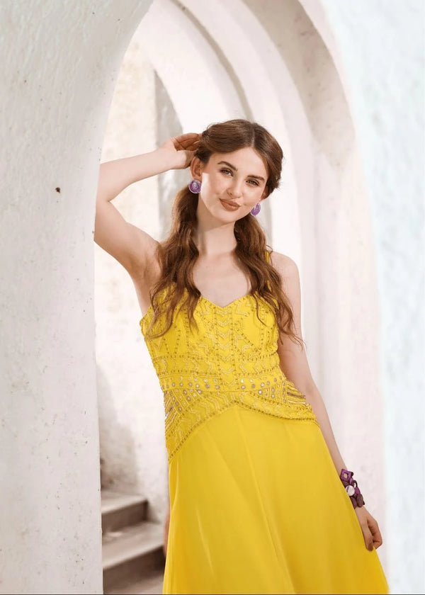 Yellow Hand-Beaded Long Dress