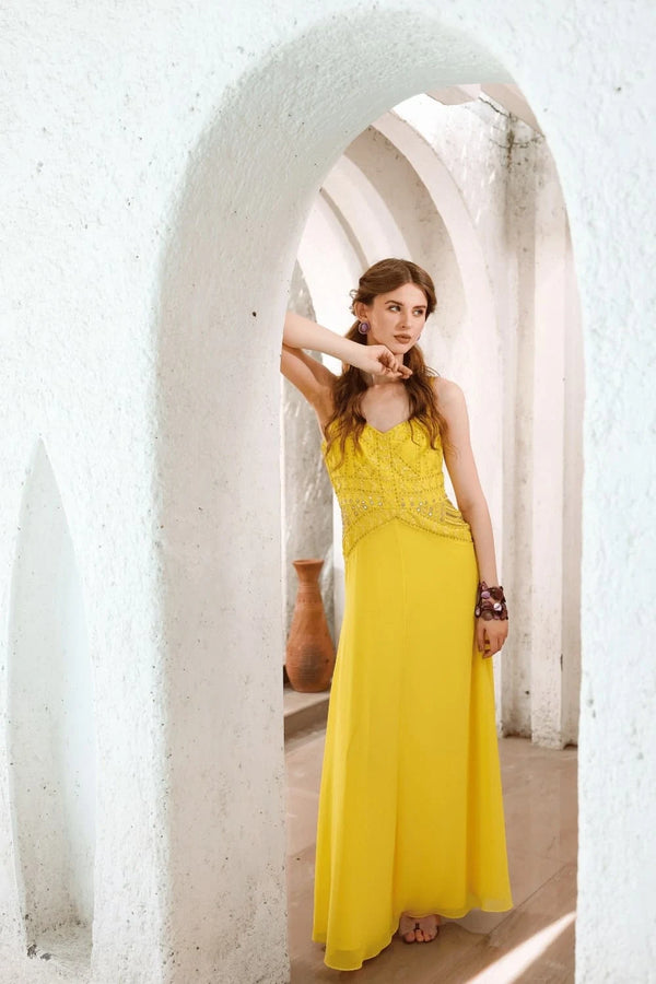 Yellow Hand-Beaded Long Dress