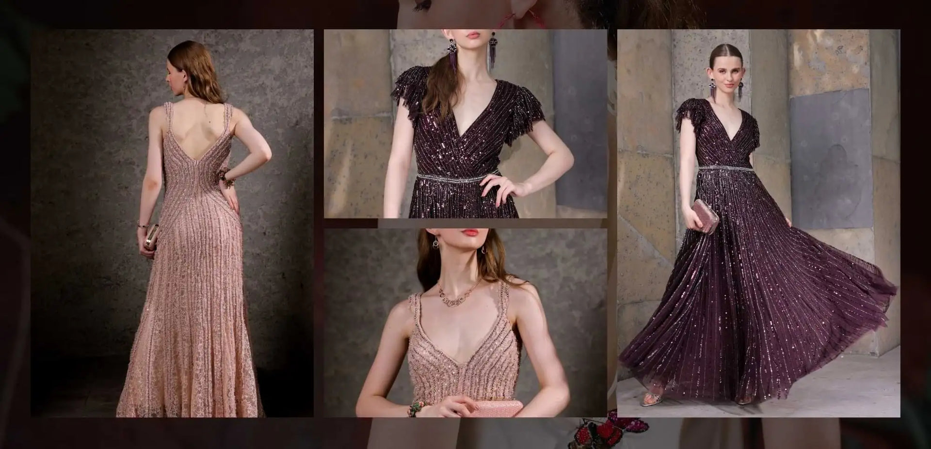 Collage of a woman wearing a sparkly evening gown in various poses.
