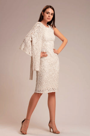 Model wearing ivory shrug – styling detail shot