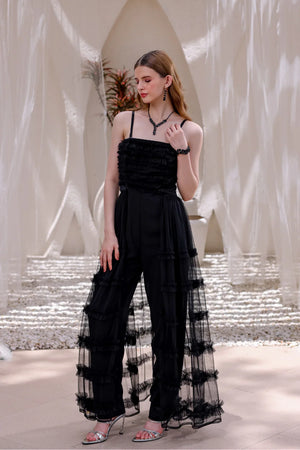 Black Tiered Tulle Overlay Jumpsuit
