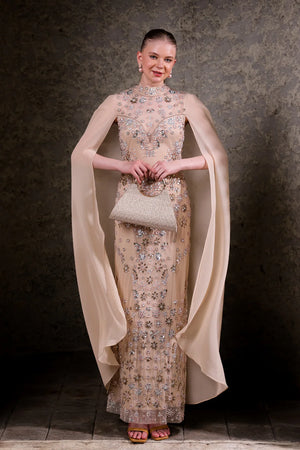 Nude Hand-Embellished Cape Gown